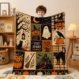 Personalized Halloween Blanket, Custom Name Vintage Patchwork Throw, Cute Ghost Cat Pumpkin Decor, Cozy Autumn Gift for Kids and Families