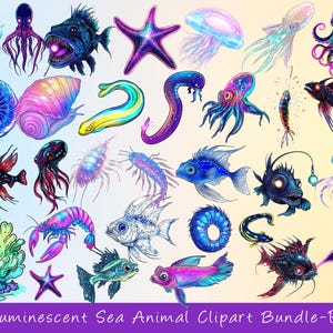 May include: A collection of bioluminescent sea animal clipart in various colors. The image includes illustrations of fish, jellyfish, starfish, seahorses, and other sea creatures. The text "Bioluminescent Sea Animal Clipart Bundle-PNG" is at the bottom.