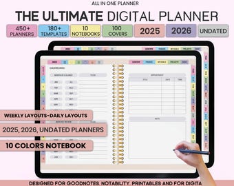 Agenda digital 2025-2026, compatible con iPad, Goodnotes y Notability, con hipervínculos para uso diario, semanal y mensual (descarga digital).