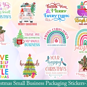 May include: A selection of vibrant Christmas stickers for small businesses. Designs feature festive text such as "Merry Christmas" and "Thank You," alongside images of Santa, gnomes, and Christmas trees. Ideal for packaging and adding a festive touch.