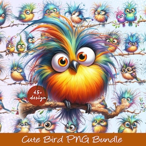 May include: A digital illustration featuring a collection of cartoon birds perched on branches. The birds have vibrant colors, including blue, yellow, orange, and green. The image includes the text "45+ design" and "Cute Bird PNG Bundle".