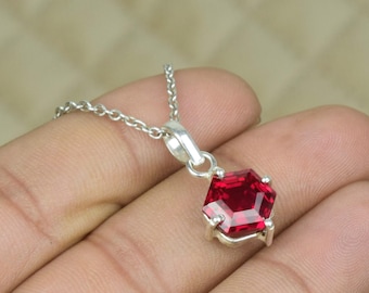 Handmade Ruby Necklace – Hexagon Pendant – Genuine Red Gemstone Jewelry – July Birthstone Necklace Gift for Women – Geometric Jewelry.