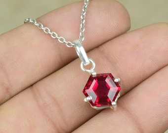 Genuine Ruby Necklace, Ruby Silver Necklace, July Birthstone Jewelry, Anniversary Gift, Unique Gift for Her, Personalized Hexagon Necklace.