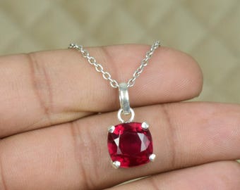 Red Ruby Necklace – Luxury Red Stone Pendant – Cushion Shape Jewelry – Vintage Inspired Gemstone Necklace – Birthday Gift for Wife