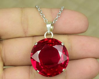 Beautiful Round Cut Pink Ruby Necklace / 925 Ruby Sterling Silver Pendant Jewelry / July Birthstone Loose Gemstone Necklace | Ladies Gift |