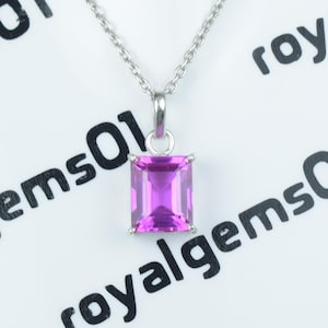 Pink Sapphire Statement Pendant – Emerald Step Cut Gem in Silver – Elegant Anniversary Gift, 925 Sterling Silver Jewelry.