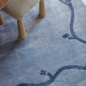 Soft Blue Floral Border Rug – Hand Tufted  Area Rug for Living Room & Bedroom