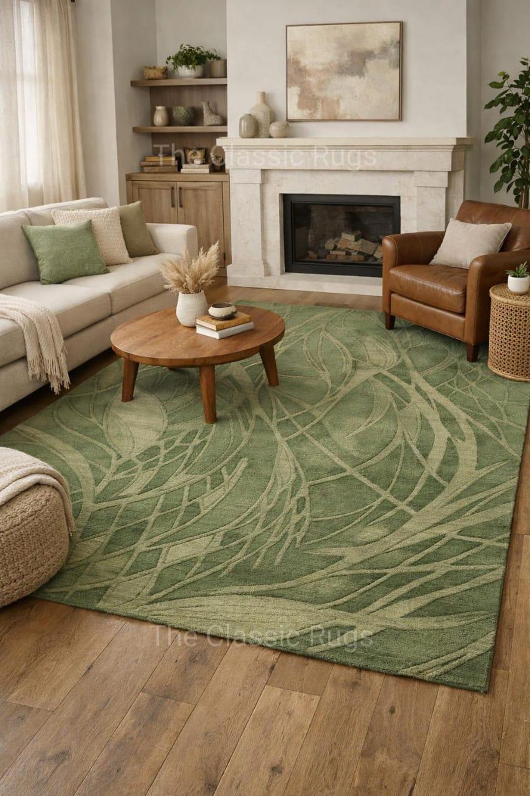 Sage Green Unique Outdoor Botanical Leaf Floral Design Hand Tufted Wool ...