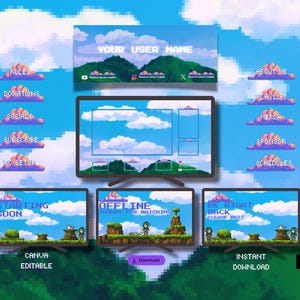 May include: A digital streaming overlay set featuring a pixel art sky and mountain landscape. Includes a banner, webcam frames, and screens labeled Starting Soon, Offline Thanks For Watching, and Be Right Back, with various menu buttons.