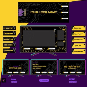 May include: A digital streaming overlay set featuring a black background with yellow topographic line patterns. Includes a main screen frame, side panels labeled PC SETUP, SPONSOR, ABOUT ME, SOCIALS, SCHEDULES, MERCH, PLAYLIST, DONATIONS, RULES, SUBSCRIBE, and status screens for starting, offline, and break times.