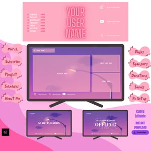 May include: A digital streaming overlay set in shades of pink and purple featuring a main screen box, webcam box, and chat box. Includes text labels for Merch, Rules, and Schedules, plus a weekly calendar and social media icons for a user profile.