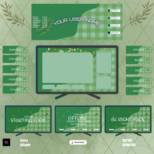 May include: A digital streaming overlay set featuring a green gingham pattern with olive illustrations. Includes a main screen frame, side panels, and status screens with text reading "STREAM STARTING SOON," "OFFLINE," and "BE RIGHT BACK."