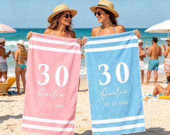 Gepersonaliseerde 30e verjaardag strandlaken, aangepaste naam leeftijd zwembadhanddoek, verjaardagsfeestje vrouwen cadeau, strandbadfeest decor, handdoek streeppatroon