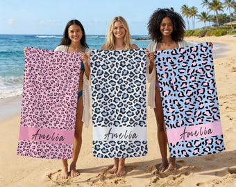 Toalla de playa personalizada con estampado de leopardo a la moda, toalla de playa personalizada para vacaciones de verano, toalla de playa de secado rápido, toalla de piscina con diseño de leopardo, regalo para ella.