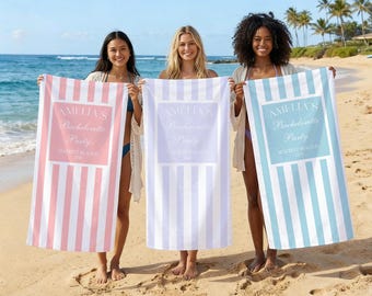 Spersonalizowany ręcznik plażowy Bride Club, ręcznik plażowy na wieczór panieński, ręcznik plażowy w paski, ręcznik plażowy dla dziewczynki, ręcznik plażowy z imieniem i miejscem zamieszkania