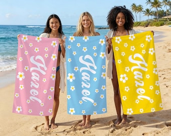 Custom Daisy Print Name Beach Towel, Personalized Tropical Daisy Beach Towel, Custom Flower Pattern Towel, Quick Dry, Bridal Gift for Her