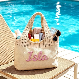 Personalized Women Beach Tote Bag, Custom Name Embroidery Straw Bag, Summer Vacation Woven Bag, Birthday Gift, Custom Thread Picnic Bag