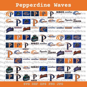 May include: A collection of Pepperdine Waves logos in various designs. The logos feature the letter "P", the word "Waves", and the school's name in orange, blue, and white. The image includes SVG, DXF, EPS, PNG, and JPG file formats.