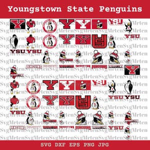 Op de afbeelding: Een verzameling rode en witte Youngstown State Penguins logo's en afbeeldingen. Bevat de teamnaam, de letters "YSU", pinguïn illustraties en het woord "Penguins". De afbeelding heeft een rode achtergrond.