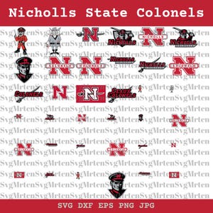 May include: A collection of red and white Nicholls State Colonels logos and graphics. The designs include the letter "N", Colonel mascots, and the words "Nicholls" and "Colonels". The image is set against a red background.