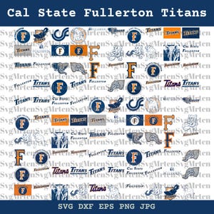 Könnte beinhalten: Eine Sammlung von Logos und Grafiken der Cal State Fullerton Titans. Die Designs zeigen den Buchstaben "F", das Wort "Titans" und Elefantenillustrationen in Marineblau und Orange. Enthält SVG-, DXF-, EPS-, PNG- und JPG-Dateiformate.