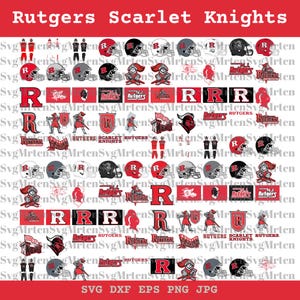 May include: A collection of Rutgers Scarlet Knights logos and graphics in red and white. The image includes football helmets, the letter "R", and the words "Rutgers" and "Scarlet Knights". The background is solid red.