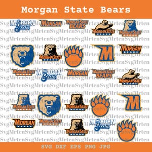 May include: A collection of Morgan State Bears logos and graphics in various designs. The logos feature a bear, paw prints, and the letter "M" in blue, orange, and white. Text includes "Morgan State Bears".