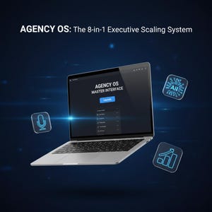 Puede incluir: Un portátil plateado muestra la "AGENCY OS MASTER INTERFACE" con un botón "Launch". El texto "AGENCY OS: The 8-in-1 Executive Scaling System" está en la parte superior. Iconos flotantes: micrófono, chip de IA y gráfico.