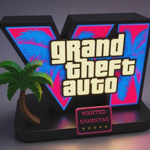 Custom 3D Printed GTA VI Style Light Box Display | Personalized Gamertag Desk Sign
