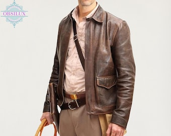 Premium Indiana Jones Jäger des verlorenen Schatzes braune Lederjacke - Harrison Vintage Mantel