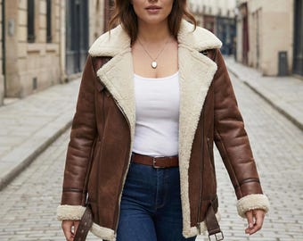 Braune Lammfell-Lederjacke für Damen - Echte Schaffell-Fliegerwinterjacke mit warmem Vintage-Oberbekleidungsstil für Damen