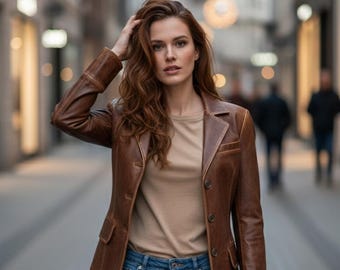 Gabardina vintage de piel de oveja marrón para mujer / Abrigo largo de piel auténtica hecho a mano para invierno / Prendas de abrigo clásicas de piel de oveja marrón a la moda