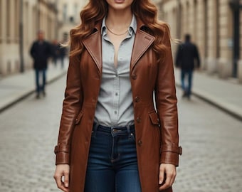 Handgefertigte Braunleder Trenchcoatjacke für Damen, Steampunk Lange Echtleder Oberbekleidung mit Vintage Gothic Styling für Damen