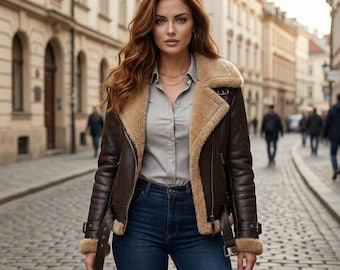 Braune Lammfell-Lederjacke für Damen mit Doppelkragen, Vintage-Pelzgefütterter Bomber-Stil Oberbekleidung aus Echtleder für den Winter