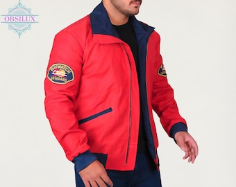 Baywatch Herren Rote Baumwoll Bomberjacke, Inspiriert von David Hasselhoff Lifeguard Outfit, Retro 90s Beach Style, Limited Edition Jacke