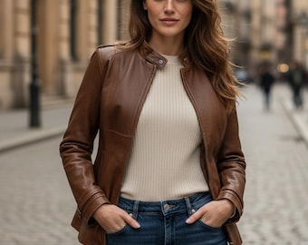 Chaqueta de piel auténtica marrón para mujer, hecha a mano, con solapa larga / Chaqueta estilo blazer de piel marrón premium para ella / Corte clásico a medida