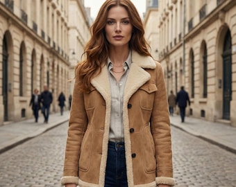 Braune Lammfell-Lederjacke für Damen, beige, mit Wildleder gefütterte Winterjacke für Sie, kuschelige warme Oberbekleidung aus echtem Leder mit modischem Stil