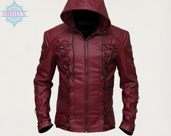 Premium Red Arrow Kapuzenjacke - Handgefertigtes Herren Maroon Leder Motorrad Cosplay Kostüm Superheld Outfit