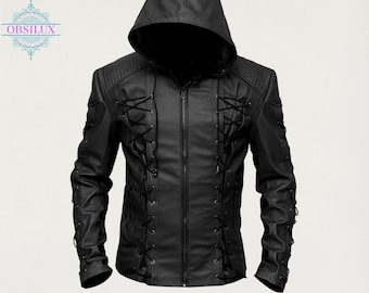 Premium Green Arrow Kapuzenjacke - Handgefertigtes Herren-Schwarzleder-Motorrad-Cosplay-Kostüm-Superhelden-Outfit