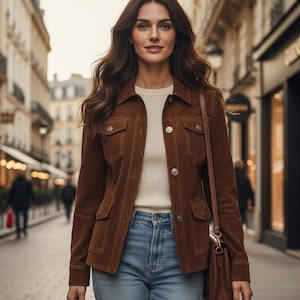 May include: A brown suede jacket with four front pockets and button fastenings. The jacket is worn with a cream ribbed sweater and blue jeans. A brown leather shoulder bag completes the outfit.