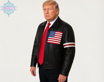 Von Donald Trump inspirierte Bomberjacke aus schwarzem Leder - Vaterländische Jacke für Herren mit Aufnäher mit der amerikanischen Flagge, Oberbekleidung aus echtem Leder