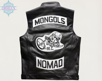 Premium Mongols Nomaden MC Lederweste - Outlaw Biker Club Style Weste mit Rückenpatch Motorradfahrer Ausrüstung