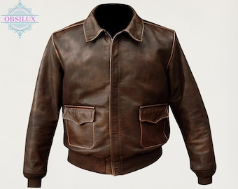 Premium A2 Aviator Bomberjacke - Distressed Braunes Leder Air Force Pilot Flight Style Herren Vintage Militär Outfit