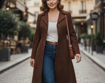 Damen Braun Distressed Lange Lederjacke - Handgefertigte Wildleder Trench Style Herbst Winter Benutzerdefinierte Oberbekleidung Mode Vintage Damen