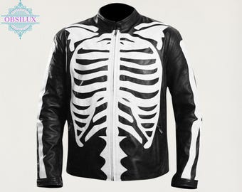 Premium Skelett Cafe Racer Jacke - Weiße Knochen Leder Biker Halloween Cosplay Kostüm Racing Style Outfit