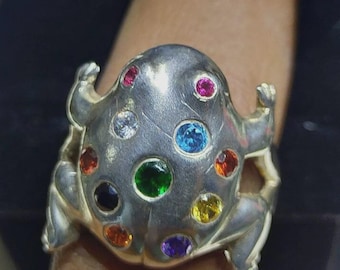 May include: A silver frog ring with colorful gemstones. The ring features a frog design with multiple round gemstones in various colors, including red, blue, green, and yellow. The ring is worn on a finger.