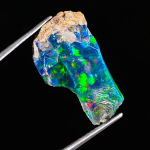 May include: A raw, uncut opal gemstone featuring a deep blue base color with vibrant flashes of neon green and red play-of-color. The stone has a rough, textured tan matrix at the top edge and is held by silver-toned metal tweezers.