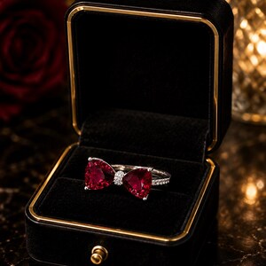 Genuine Ruby Bow Ring, Red Ruby Gemstone Ring, Sterling Silver Bow Ring, Romantic Statement Ring, Gift for Her, Elegant Cocktail Ring