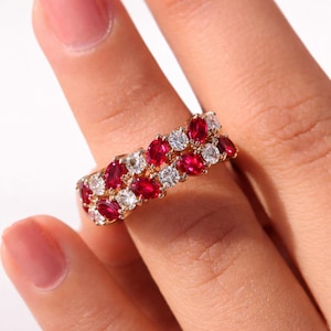 Ruby and Diamond Band Ring in 925 Sterling Silver, Vintage Style Red Gemstone Ring, Wedding Band, Anniversary Gift for Her, Statement Ring