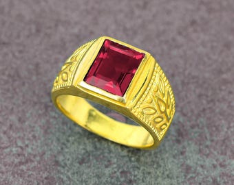 Superb Design Red Ruby 14k Gold Plated Ring For Men's,Octogen 925 Silver Ruby 2nd Anniversary Ring,Hand  Crafted Men's Signet Ruby Ring Gift